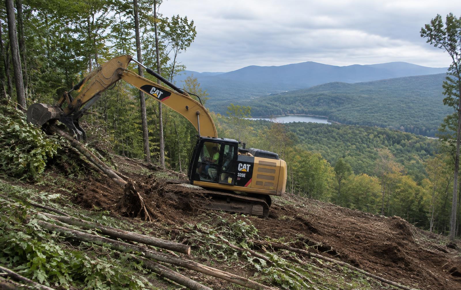 Excavator clearing a wooded home site